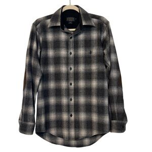 Pendleton Women’s Wool Plaid Shirt Grey Black XS Elbow Patch Fall Winter Western